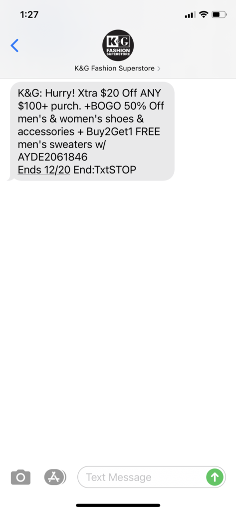 K & G Fashion Superstore Text Message Marketing Example - 12.18.2020