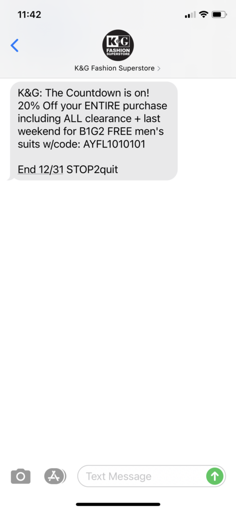 K& G Fashion Superstore Text Message Marketing Example - 12.26.2020