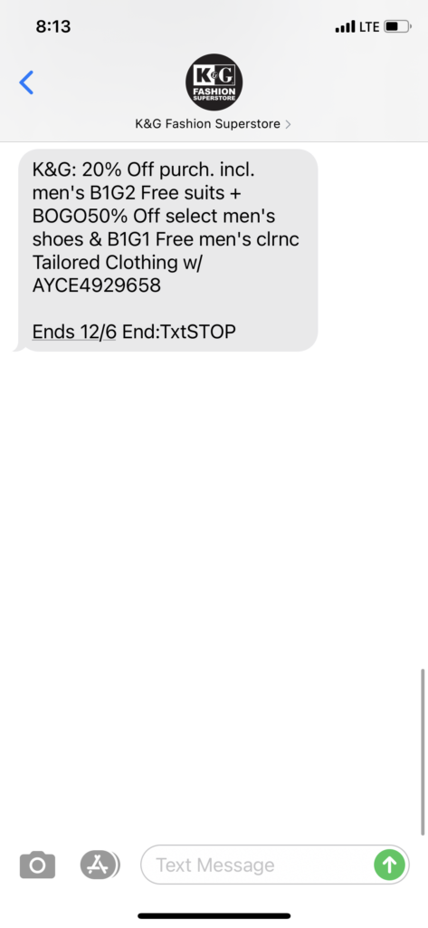 K&G Fashion Text Message Marketing Example - 12.4.2020.PNG