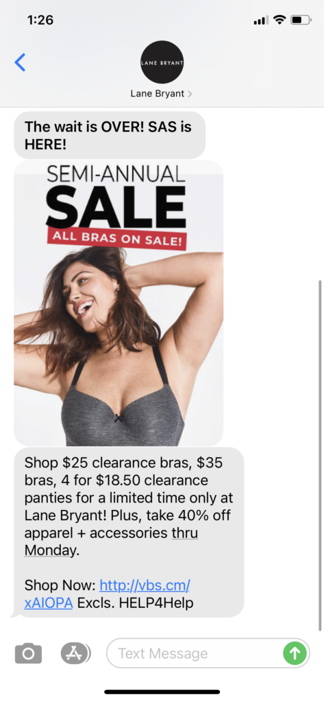 Lane Bryant Text Message Marketing Example - 12.18.2020