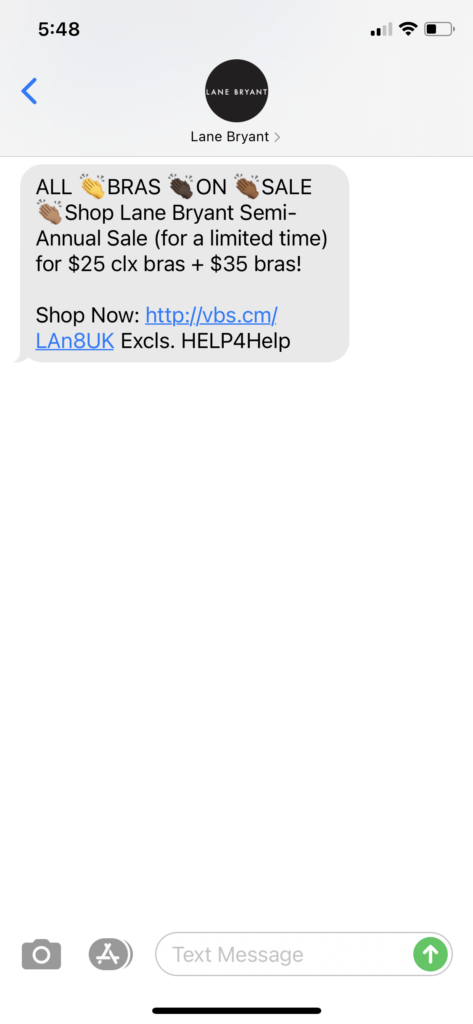Lane Bryant Text Message Marketing Example - 12.20.2020