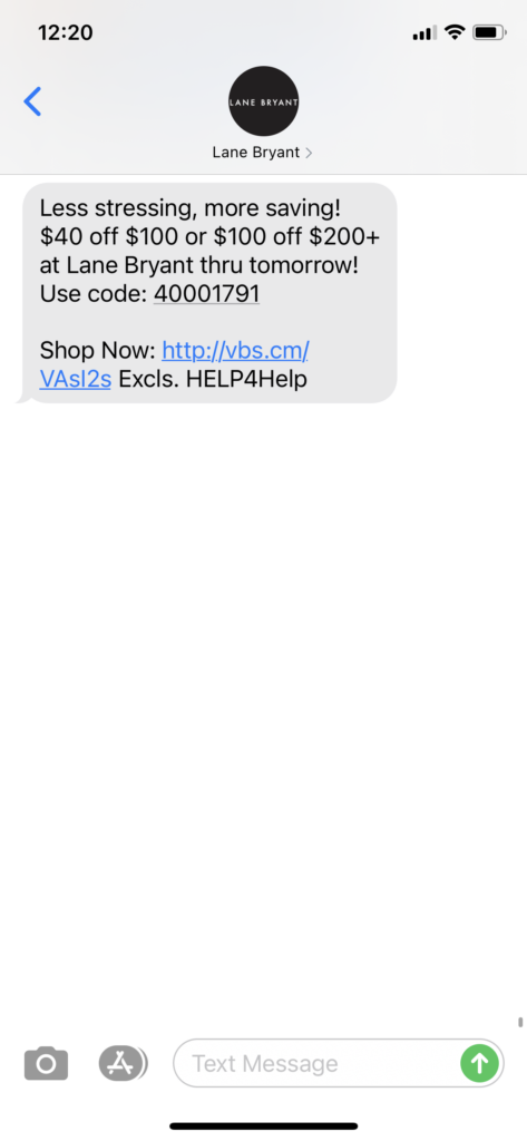 Lane Bryant Text Message Marketing Example - 12.9.2020.PNG