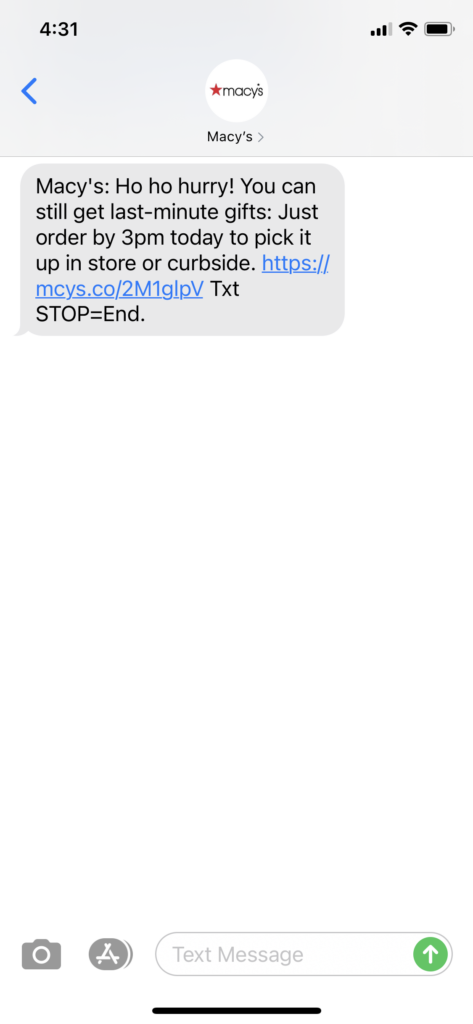 Macy's Text Message Marketing Example - 12.24.2020