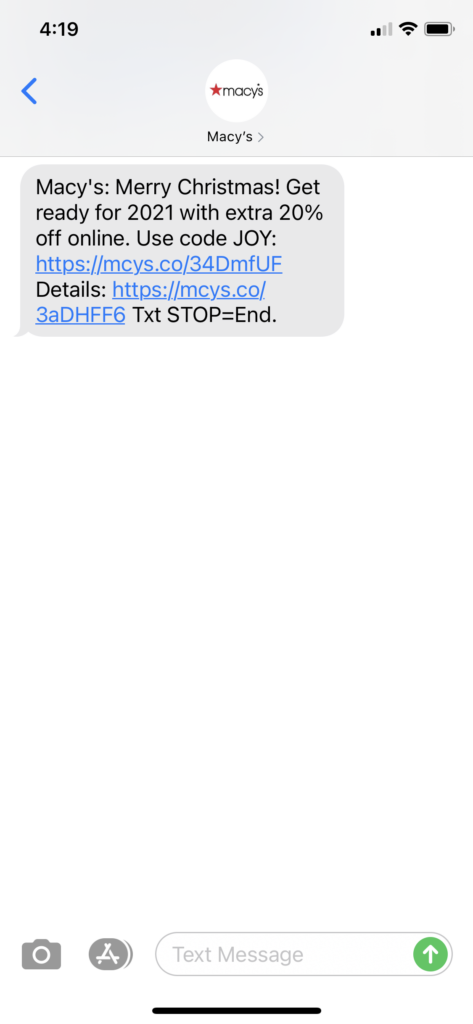 Macy's Text Message Marketing Example - 12.25.2020