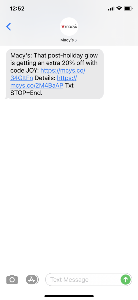 Macy's Text Message Marketing Example - 12.27.2020