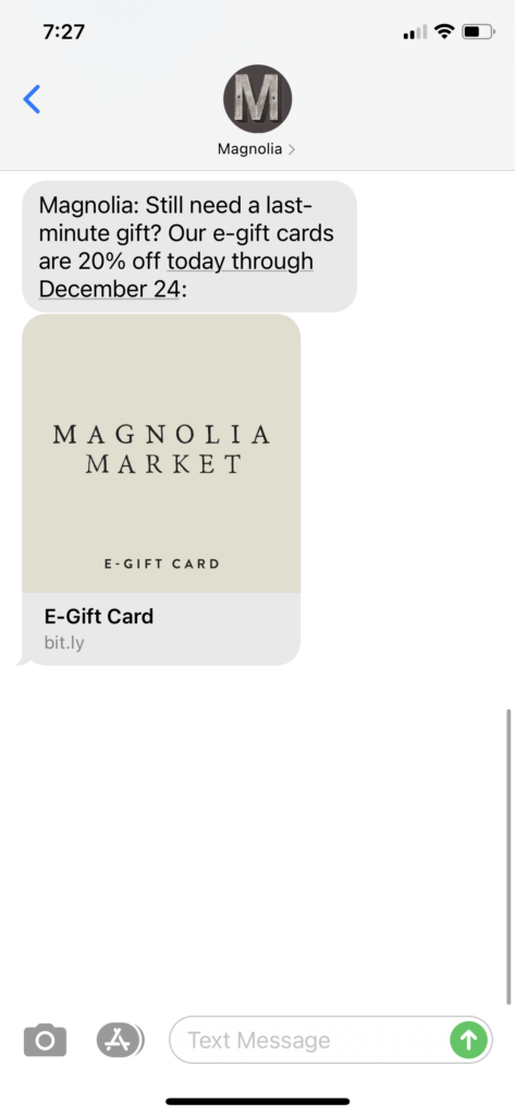Magnolia Text Message Marketing Example - 12.22.2020