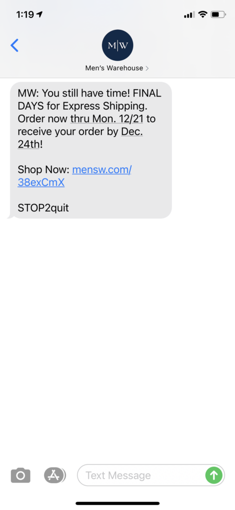 Men's Warehouse Text Message Marketing Example - 12.18.2020