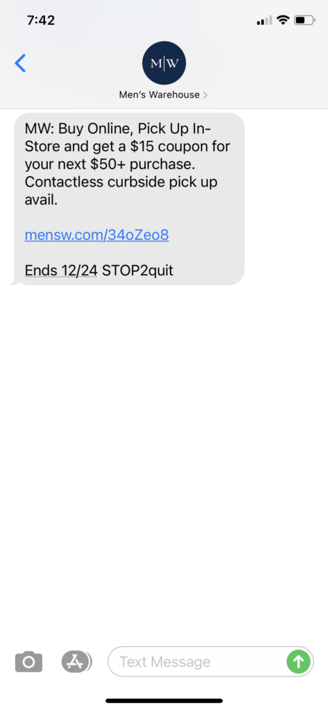 Men's Warehouse Text Message Marketing Example - 12.21.2020