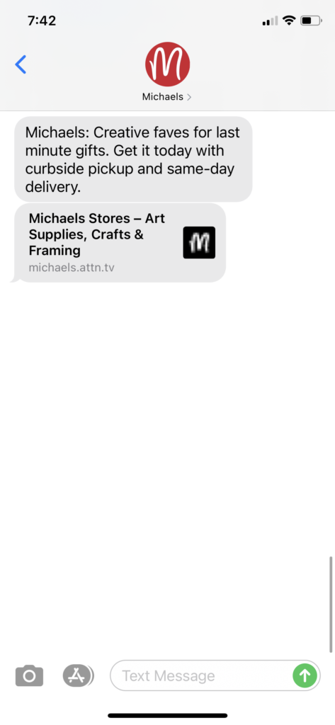 Michaels Text Message Marketing Example - 12.21.2020