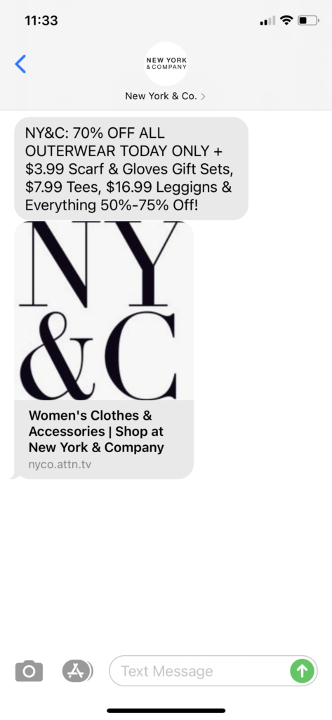 New York & Co Text Message Marketing Example - 12.19.2020