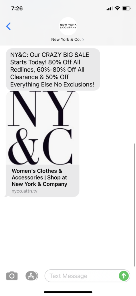 New York & Company Text Message Marketing Example - 12.22.2020