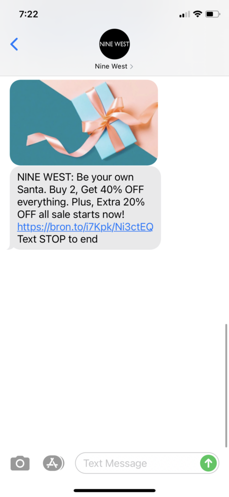 Nine West Text Message Marketing Example - 12.22.2020