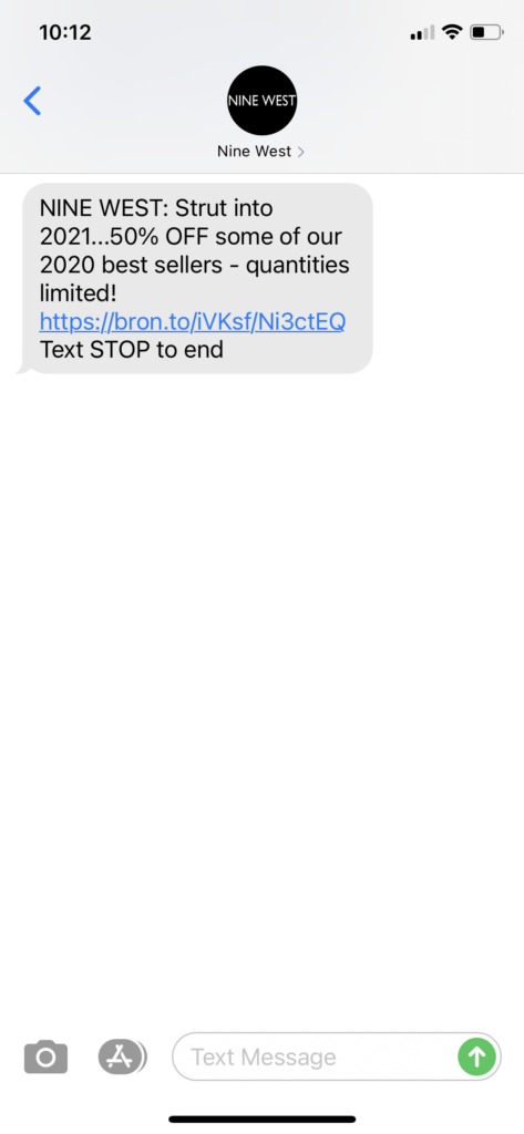 Nine West Text Message Marketing Example - 12.30.2020