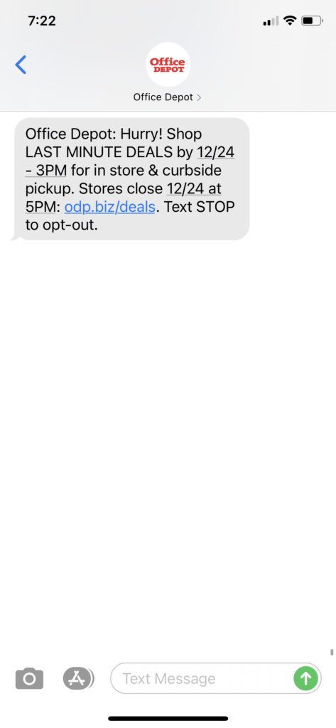 Office Depot Text Message Marketing Example - 12.22.2020
