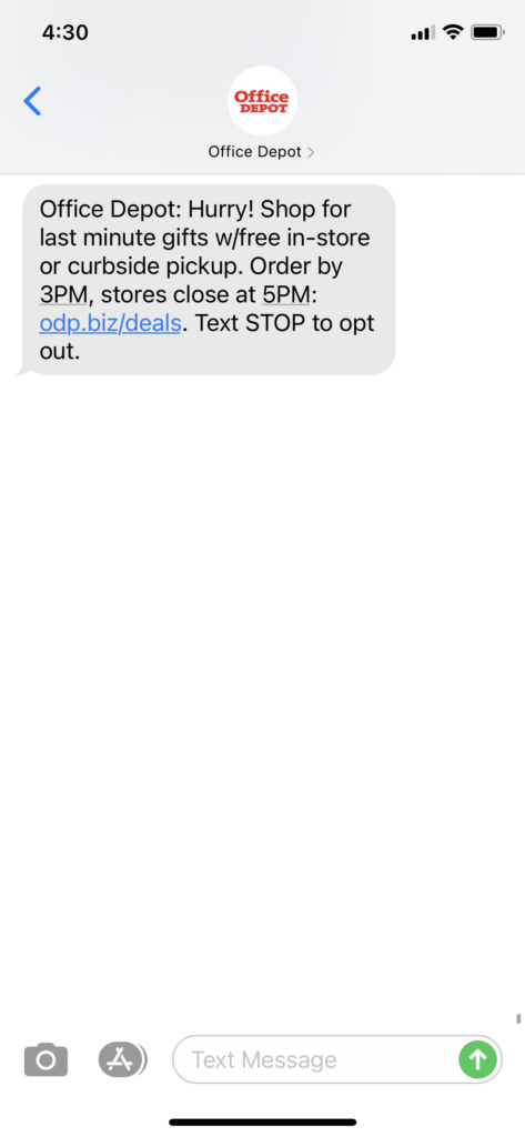 Office Depot Text Message Marketing Example - 12.24.2020