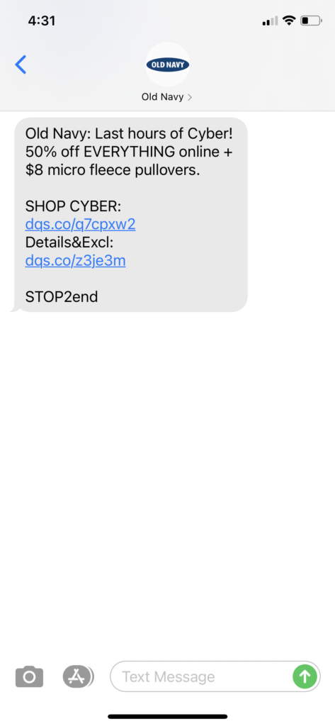 Old Navy Text Message Marketing Example - 11.30.2020.PNG