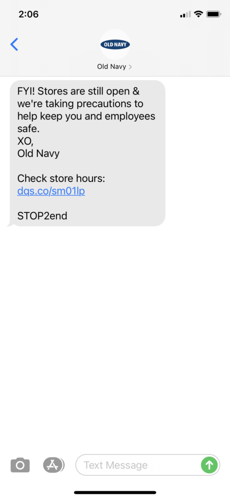 Old Navy Text Message Marketing Example - 12.23.2020
