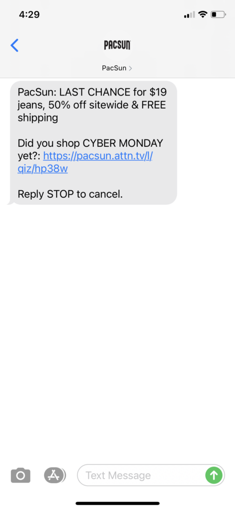 PacSun Text Message Marketing Example - 11.30.2020.PNG