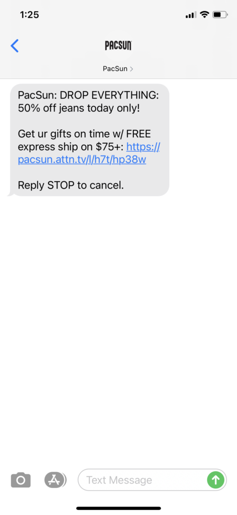 PacSun Text Message Marketing Example - 12.18.2020