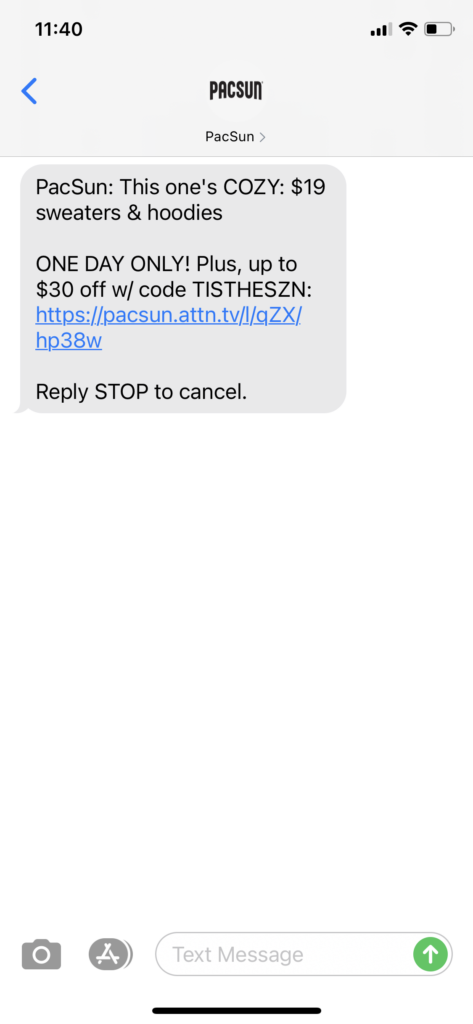 PacSun Text Message Marketing Example - 12.19.2020