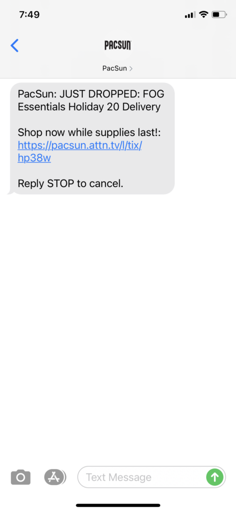PacSun Text Message Marketing Example - 12.21.2020