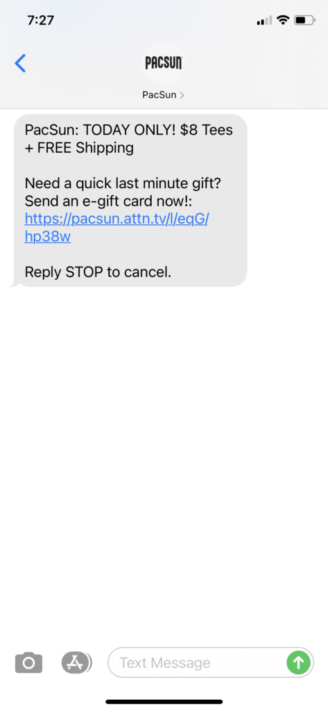 PacSun Text Message Marketing Example - 12.22.2020