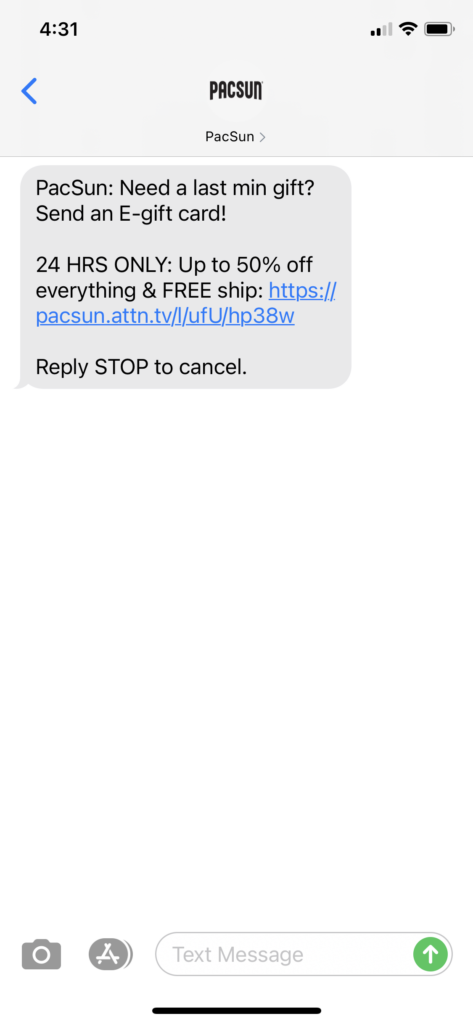 PacSun Text Message Marketing Example - 12.24.2020