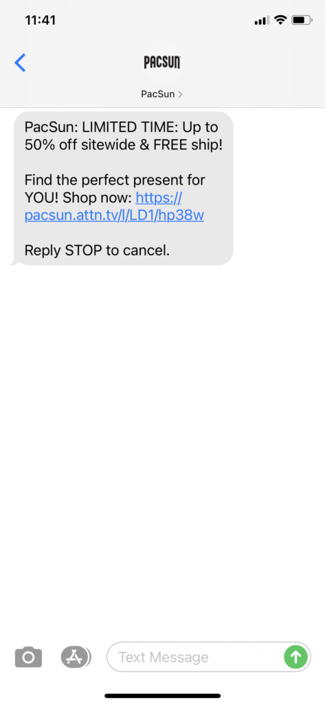 PacSun Text Message Marketing Example - 12.26.2020