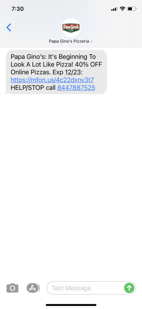 Papa Gino Text Message Marketing Example - 12.22.2020