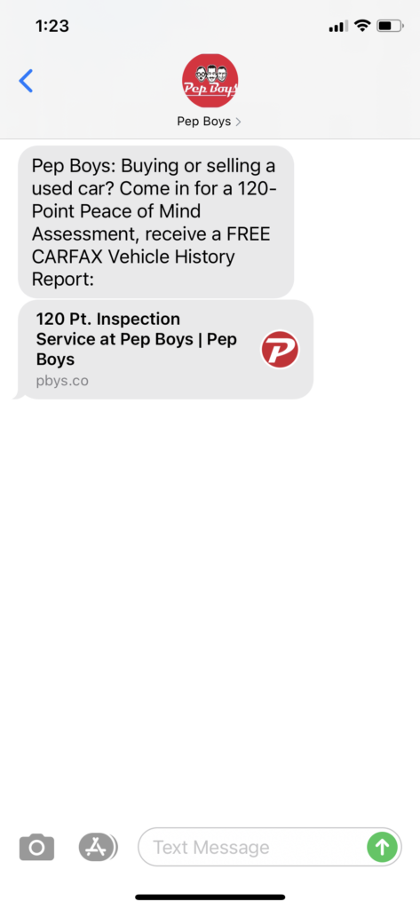 Pep Boys Text Message Marketing Example - 12.18.2020
