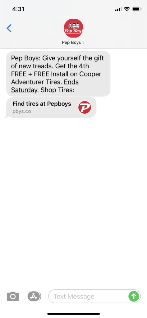 Pep Boys Text Message Marketing Example - 12.24.2020