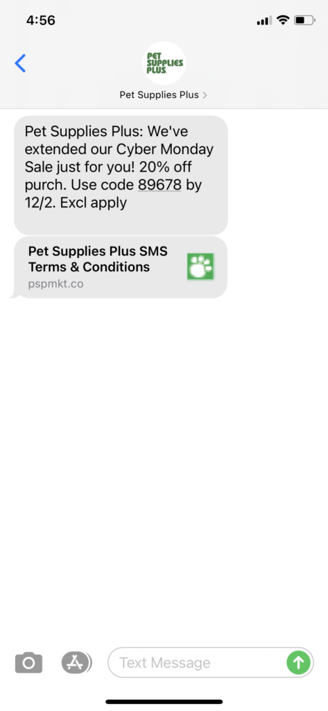 Pet Supplies Plus Text Message Marketing Example - 12.01.2020.PNG