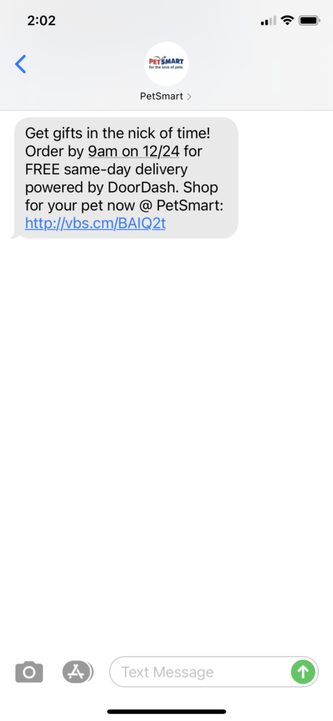 PetSmart Text Message Marketing Example - 12.23.2020