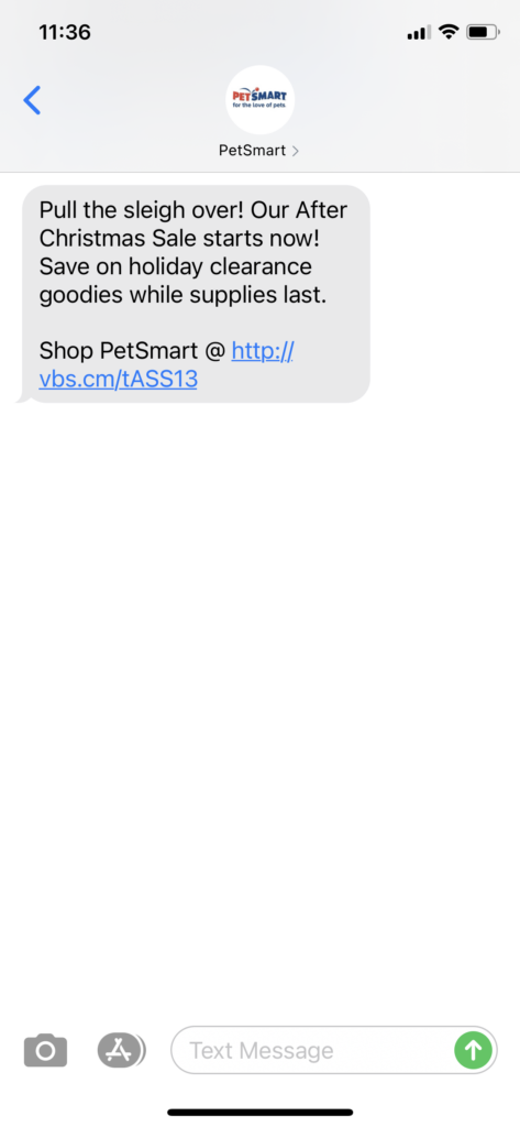 PetSmart Text Message Marketing Example - 12.26.2020