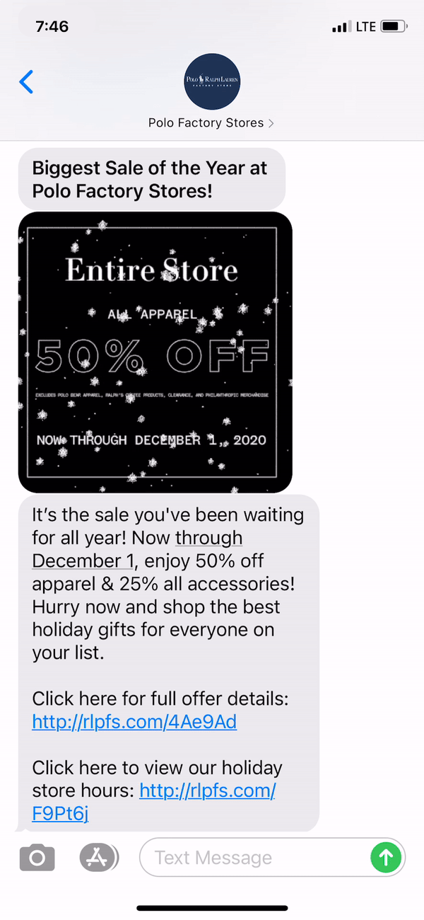 Polo Factory Stores Text Message Marketing Example - 11.25.2020.gif