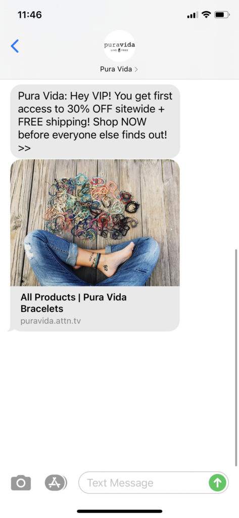 Pura Vida Text Message Marketing Example - 12.26.2020