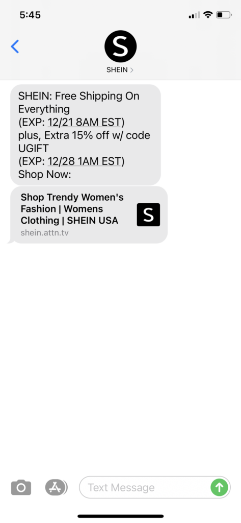 Shein Text Message Marketing Example - 12.20.2020