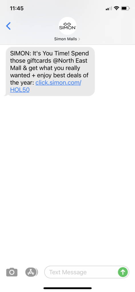 Simon Malls Text Message Marketing Example - 12.26.2020