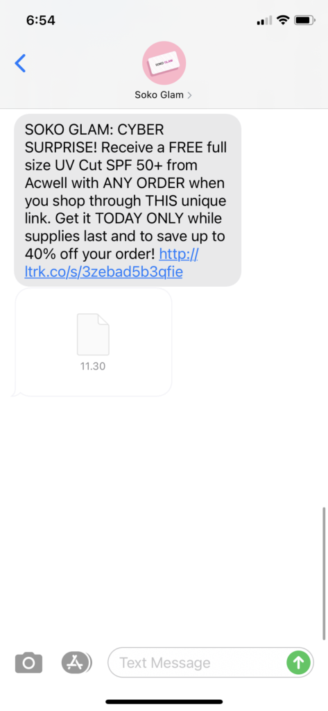 Soko Glam Text Message Marketing Example - 11.30.2020.PNG
