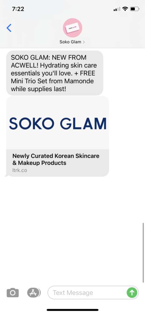 Soko Glam Text Message Marketing Example - 12.22.2020
