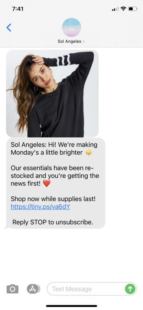 Sol Angeles Text Message Marketing Example - 12.21.2020