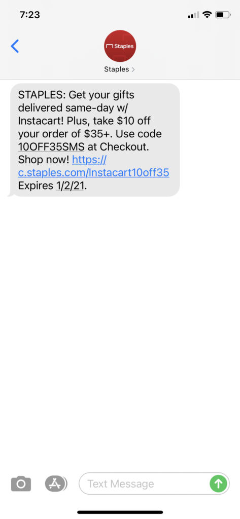 Staples Text Message Marketing Example - 12.22.2020