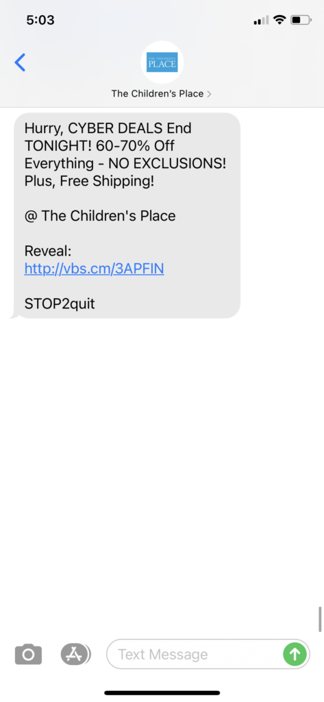 The Children's Place Text Message Marketing Example - 12.01.2020.PNG