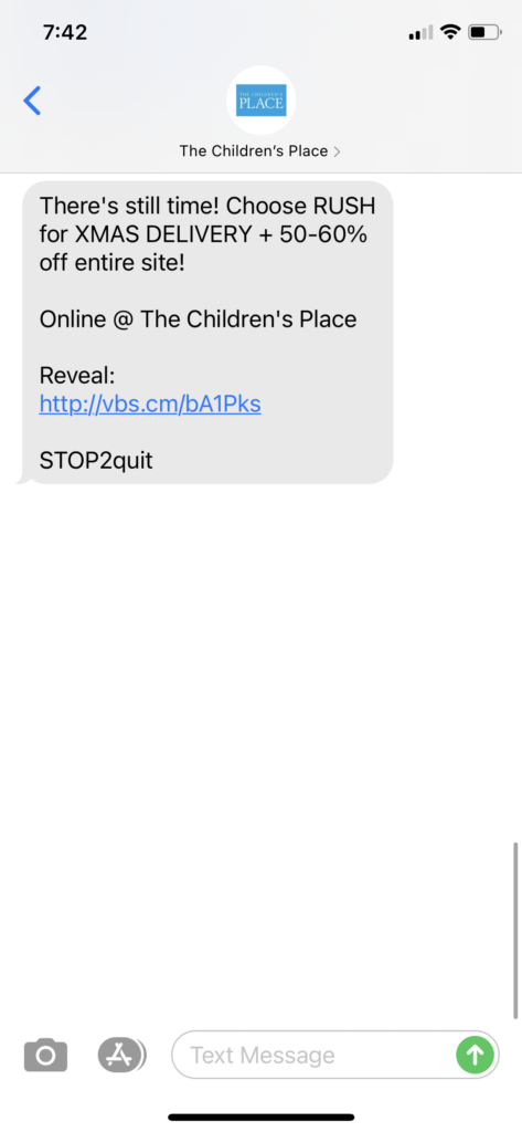 The Children's Place Text Message Marketing Example - 12.21.2020