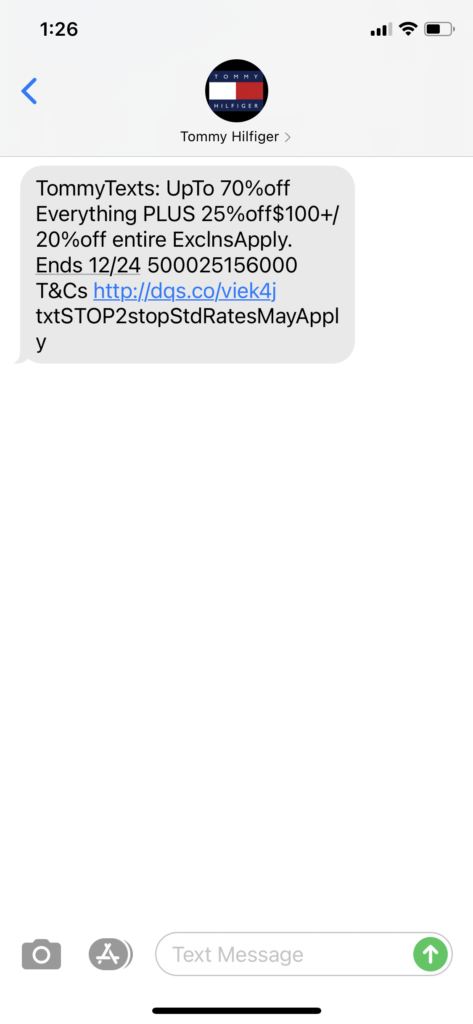 Tommy Hilfiger Text Message Marketing Example - 12.18.2020