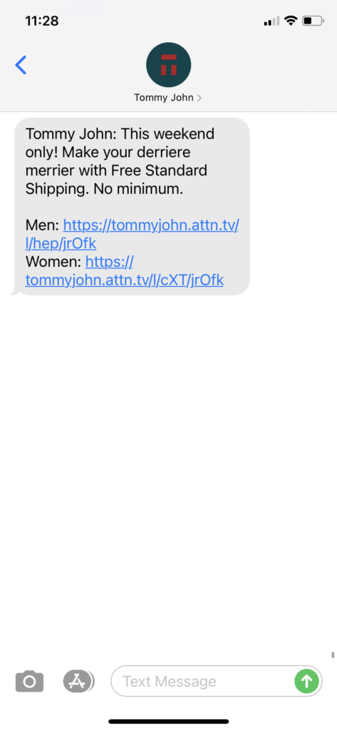 Tommy John Text Message Marketing Example - 12.19.2020