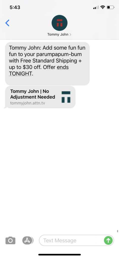 Tommy John Text Message Marketing Example - 12.20.2020