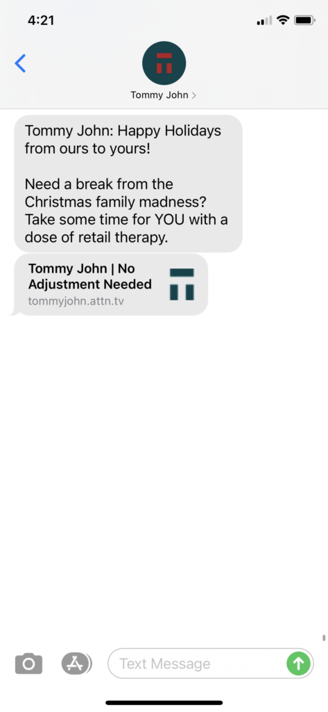 Tommy John Text Message Marketing Example - 12.25.2020
