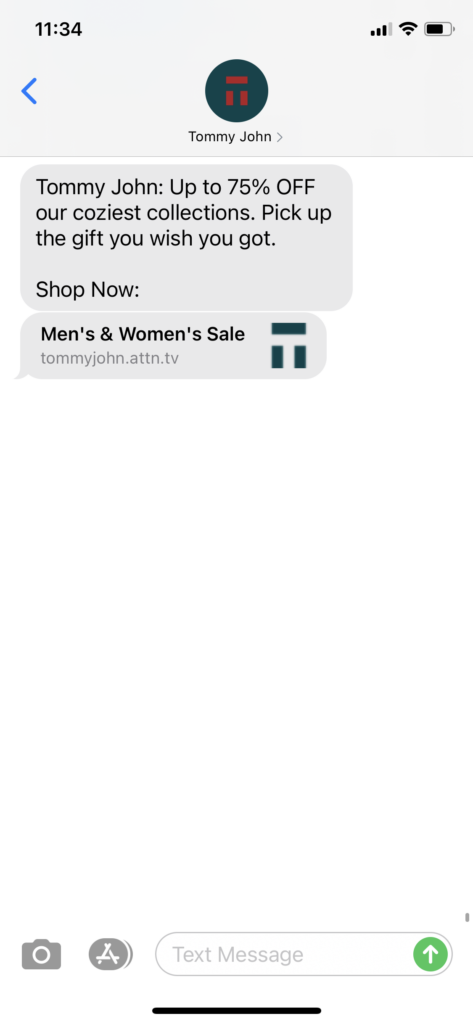 Tommy John Text Message Marketing Example - 12.26.2020