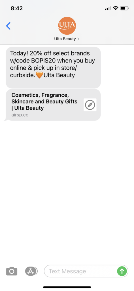 Ulta Beauty Text Message Marketing Example - 12.18.2020